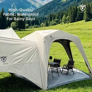 Close view of an outdoor tent and attached awning, with product artwork describing rain protection.