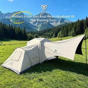 Outdoor tent with an extended side awning providing a shaded area in a sunny mountain setting.