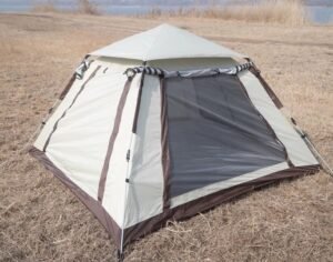 Pop-up camping tent with large mesh window and front opening
