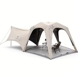Light-colored inflatable outdoor tent with an extended side awning and groundsheet, shown against a white background.